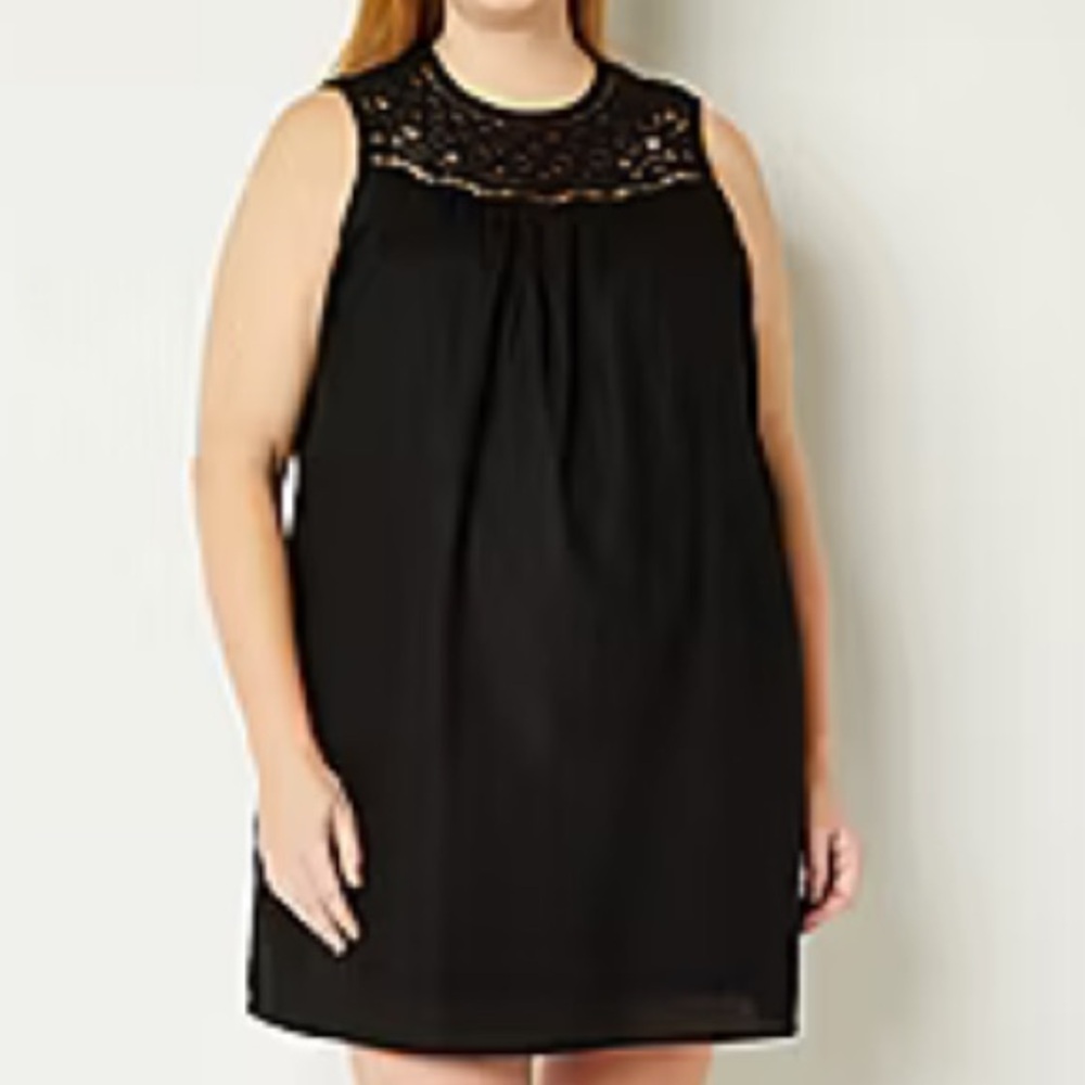 BLACK SLEEVELESS LINEN BLEND A-LINE DRESS LACE TRIM NECKLINE